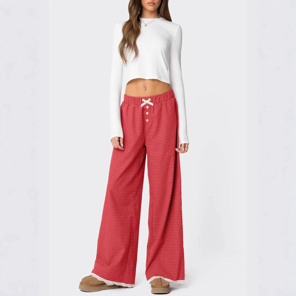 Forever 21 Country Lightweight Plaid Straight-Leg Elastic Waist Pants Lace Trim